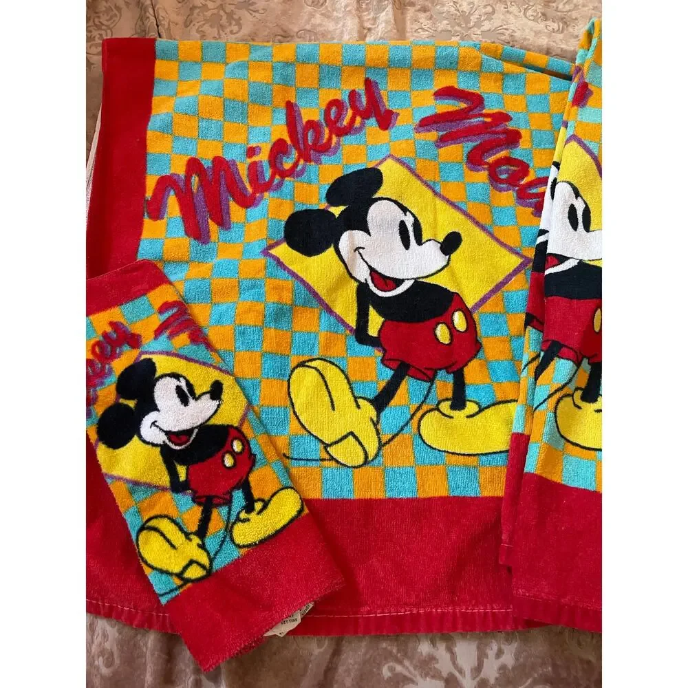 Vintage Mickey Mouse Terry Bath Towel Set by Franco‎ for Walt Disney Co 80s